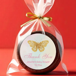 golden butterfly pink baby shower thank you cute classic round sticker