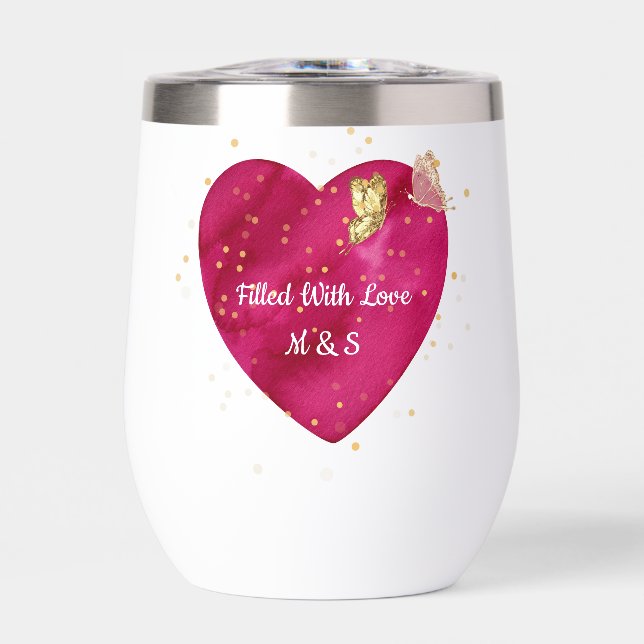 Golden Butterfly Pink Heart Valentine Wine Tumbler (Front)