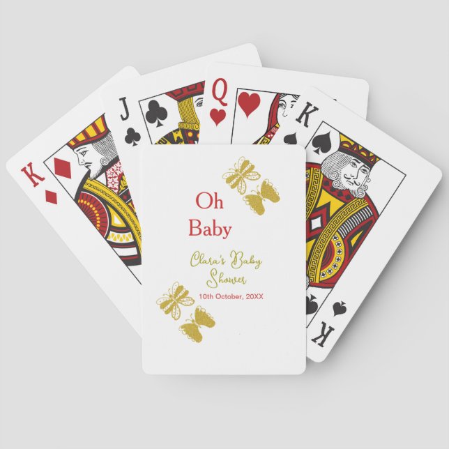 Golden butterfly red baby shower oh baby modern playing cards (Back)