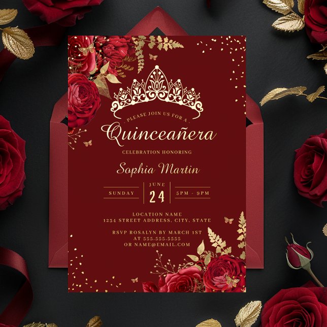 Golden Butterfly Red Floral Rose Quinceanera  (Creator Uploaded)