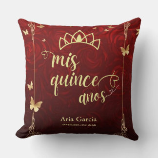 Golden Butterfly Red Roses Floral Quinceañera Cushion