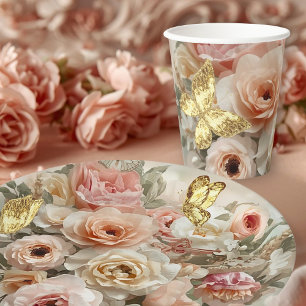 Golden Butterfly Rococo Rose Galentine Garden Paper Cups