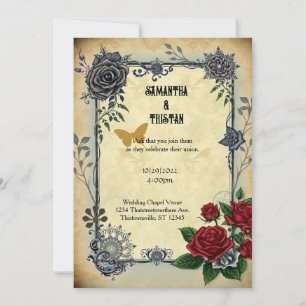 Golden Butterfly Roses Steampunk Vintage Wedding Invitation