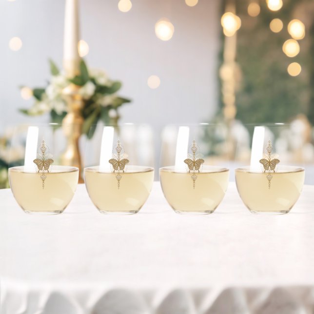 Golden butterfly. stemless wine glass (Insitu (Wedding))