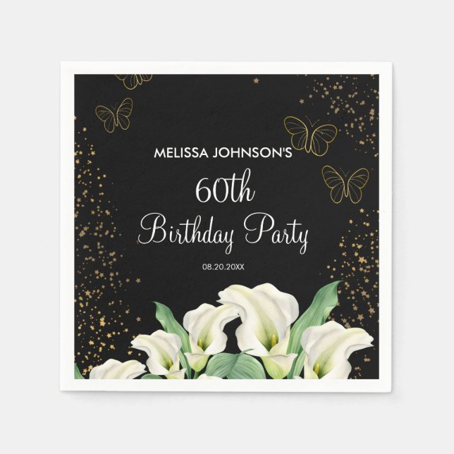 Golden Butterfly White Calla Lily Black Birthday Napkin (Front)