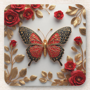 Golden Butterfly With Red Roses And Golden Leaves Coaster