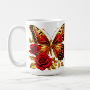 Golden Butterfly With Red Roses And Golden Leaves Coffee Mug