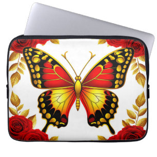 Golden Butterfly With Red Roses And Golden Leaves Laptop Sleeve