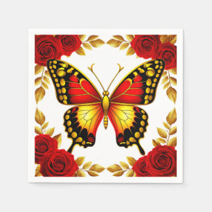 Golden Butterfly With Red Roses And Golden Leaves Napkin