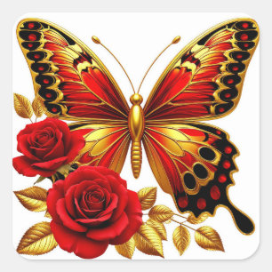 Golden Butterfly With Red Roses And Golden Leaves Square Sticker