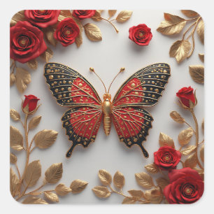 Golden Butterfly With Red Roses And Golden Leaves Square Sticker