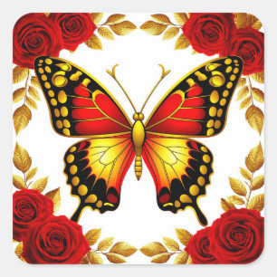 Golden Butterfly With Red Roses And Golden Leaves Square Sticker
