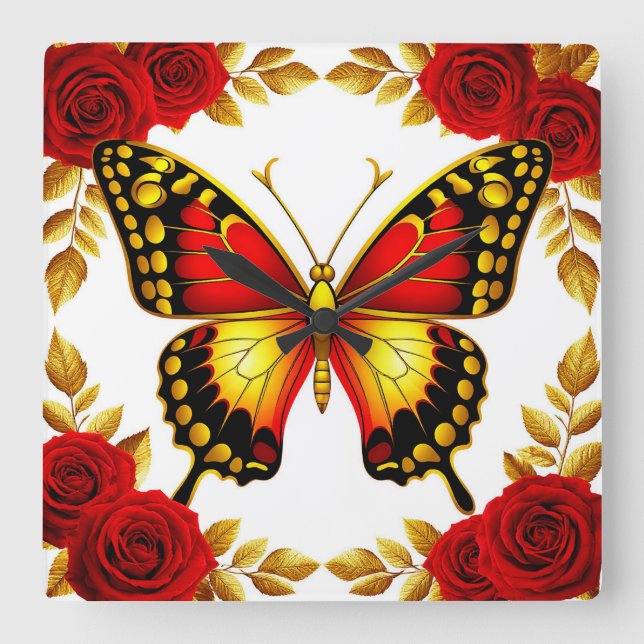 Golden Butterfly With Red Roses And Golden Leaves Square Wall Clock (Front)