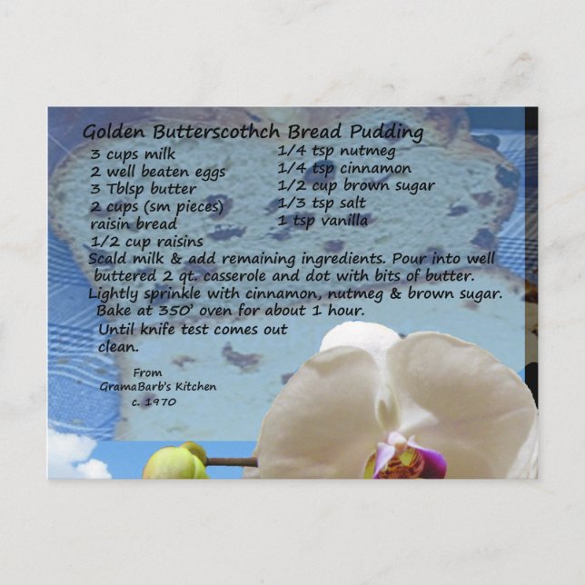 Golden Butterscotch Bread Pudding Recipe Postcard (Front)
