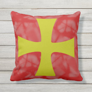 Golden Byzantine Cross Red Background Cushion