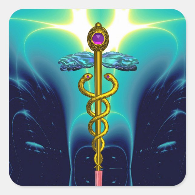 GOLDEN CADUCEUS Medical Symbol Vibrant Teal Blue Square Sticker (Front)