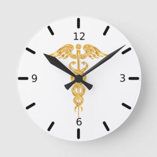 Golden Caduceus on White Round Clock