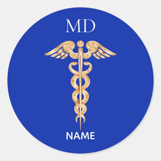 Golden Caduceus Symbol & Medical Doctor Monogram Classic Round Sticker (Front)