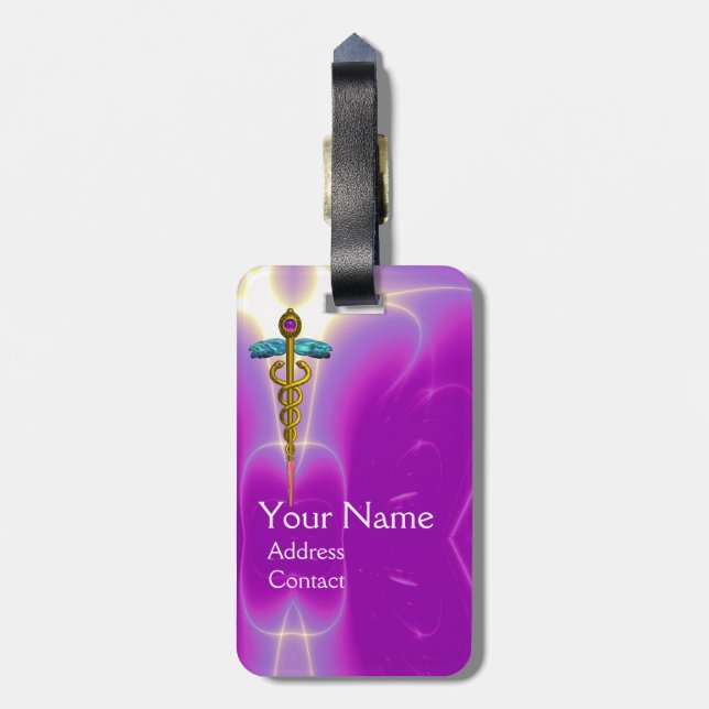 GOLDEN CADUCEUS SYMBOL MONOGRAM Pink Fuchsia Luggage Tag (Back Vertical)