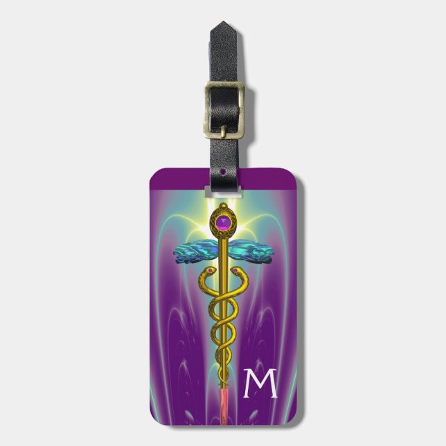 GOLDEN CADUCEUS SYMBOL MONOGRAM Purple Green Luggage Tag (Front Vertical)