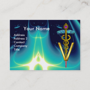 GOLDEN CADUCEUS VETERINARY SYMBOL / Aqua Blue Teal Business Card