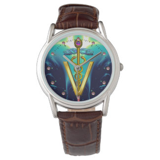 GOLDEN CADUCEUS VETERINARY SYMBOL / Aqua Blue,Teal Watch