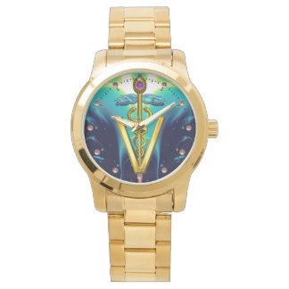 GOLDEN CADUCEUS VETERINARY SYMBOL / Aqua Blue,Teal Watch