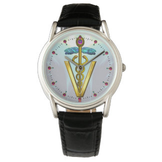 GOLDEN CADUCEUS VETERINARY SYMBOL / Aqua Blue Watch