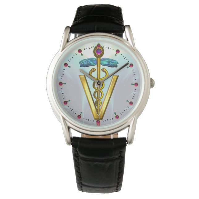 GOLDEN CADUCEUS VETERINARY SYMBOL / Aqua Blue Watch (Front)