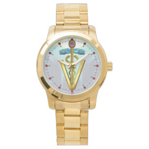 GOLDEN CADUCEUS VETERINARY SYMBOL / Aqua Blue Watch
