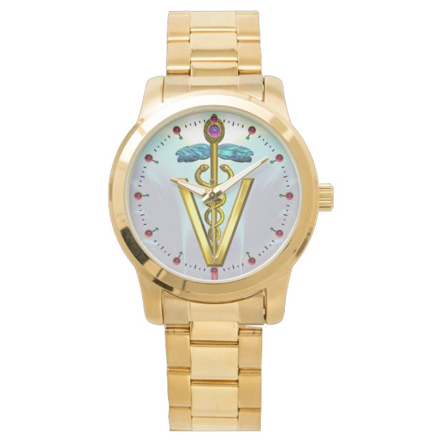GOLDEN CADUCEUS VETERINARY SYMBOL / Aqua Blue Watch (Front)