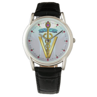 GOLDEN CADUCEUS VETERINARY SYMBOL / Aqua Blue Watch