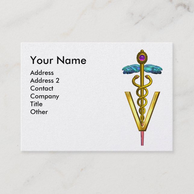 GOLDEN CADUCEUS VETERINARY SYMBOL Aqua Blue White Business Card (Front)