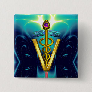 GOLDEN CADUCEUS VETERINARY SYMBOL / Blue Turquoise 15 Cm Square Badge