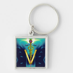 GOLDEN CADUCEUS VETERINARY SYMBOL Blue Turquoise Key Ring