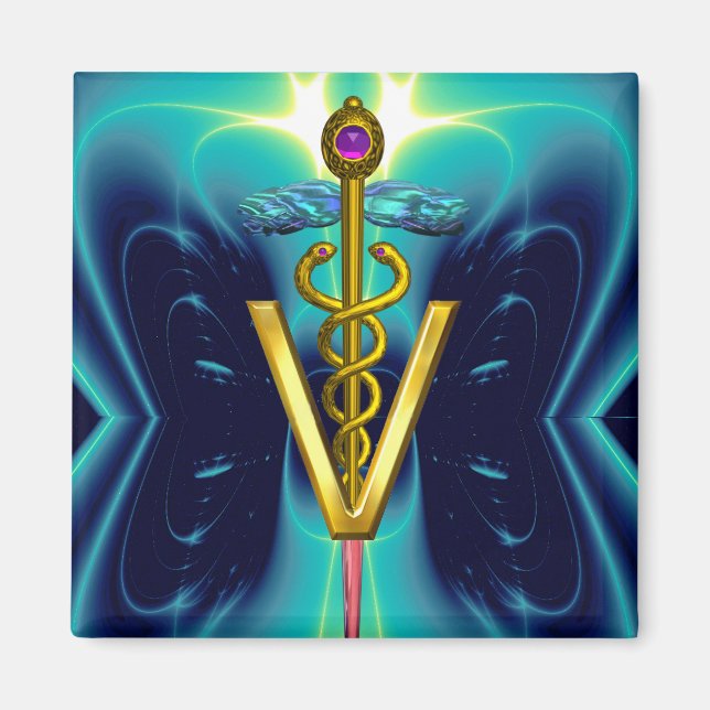 GOLDEN CADUCEUS VETERINARY SYMBOL Blue Turquoise Magnet (Front)
