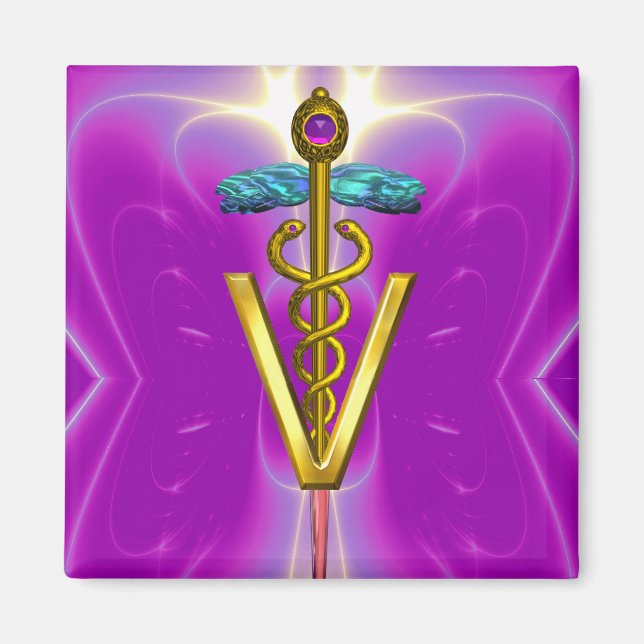 GOLDEN CADUCEUS VETERINARY SYMBOL Fuchsia Pink Magnet (Front)