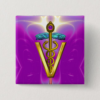 GOLDEN CADUCEUS VETERINARY SYMBOL / Pink Fuchsia 15 Cm Square Badge