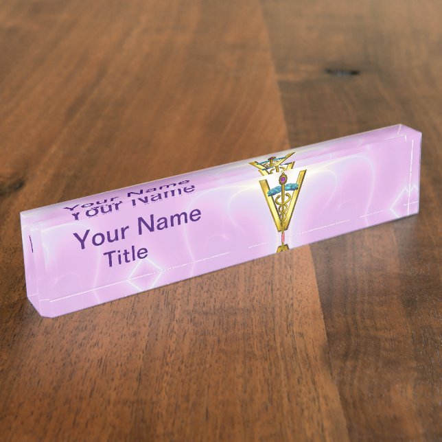 GOLDEN CADUCEUS VETERINARY SYMBOL /Pink White Nameplate (Side)