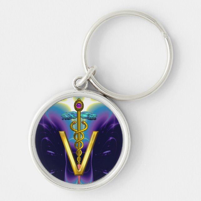 GOLDEN CADUCEUS VETERINARY SYMBOL Purple Blue Key Ring (Front)