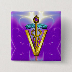 GOLDEN CADUCEUS VETERINARY SYMBOL / Purple Fuchsia 15 Cm Square Badge