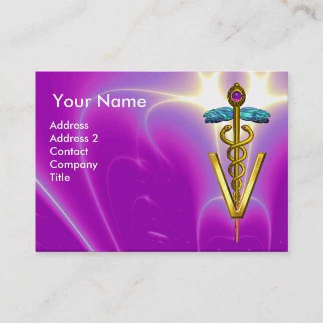 GOLDEN CADUCEUS VETERINARY SYMBOL / Purple Fuchsia Business Card (Front)