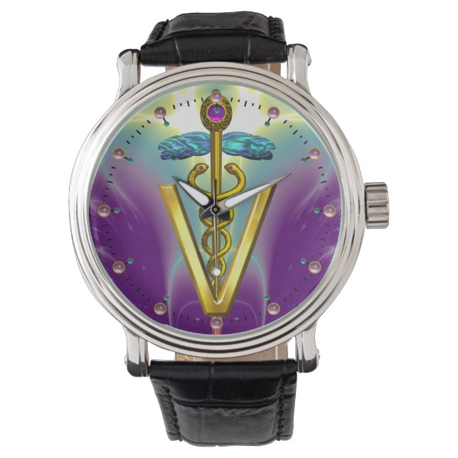 GOLDEN CADUCEUS VETERINARY SYMBOL / Purple Green Watch (Front)