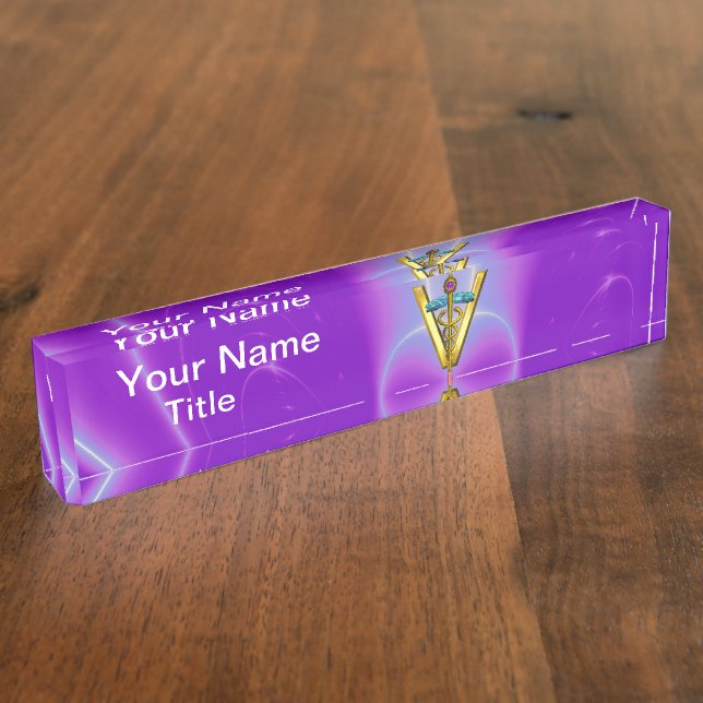 GOLDEN CADUCEUS VETERINARY SYMBOL Purple Teal Blue Nameplate (Side)