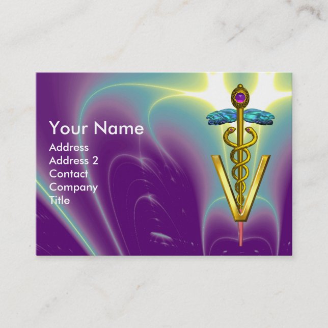 GOLDEN CADUCEUS VETERINARY SYMBOL / Purple Teal Business Card (Front)