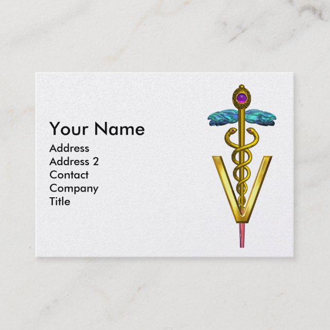 GOLDEN CADUCEUS VETERINARY SYMBOL Purple White Business Card (Front)