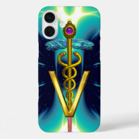 GOLDEN CADUCEUS VETERINARY SYMBOL / Teal Blue