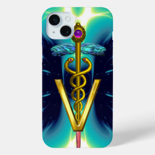 GOLDEN CADUCEUS VETERINARY SYMBOL / Teal Blue iPhone 15 Mini Case