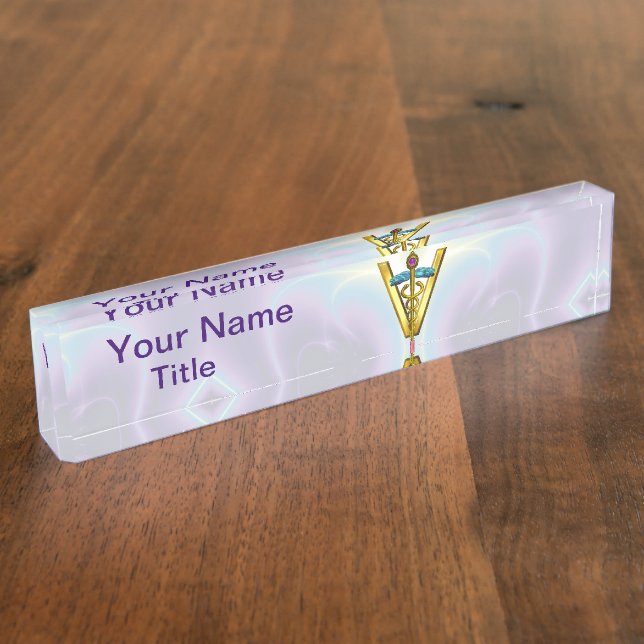 GOLDEN CADUCEUS VETERINARY SYMBOL /Teal White Nameplate (Side)