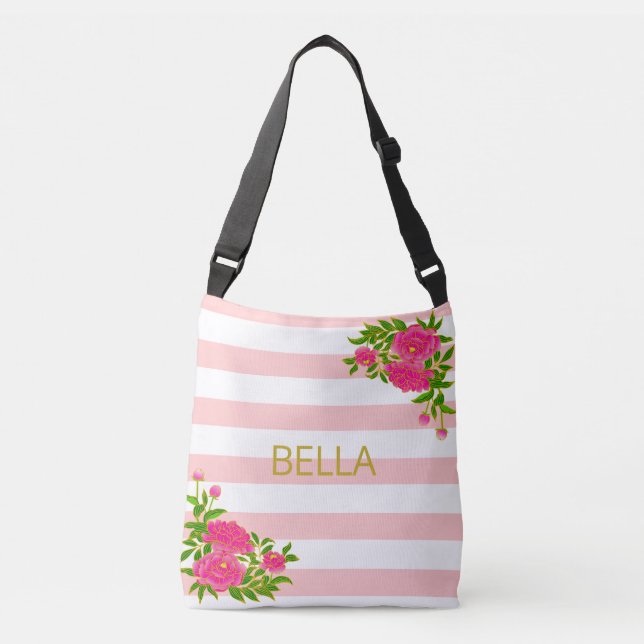 Golden calligraphy on pink & white striped crossbody bag (Front)